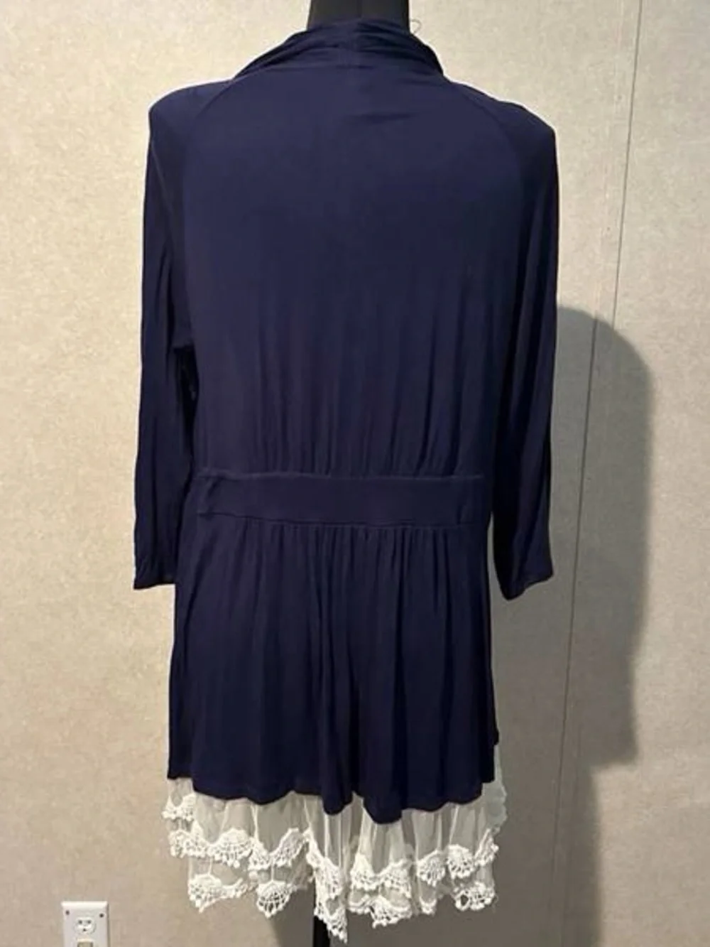 Navy Blue Long Sleeve Dress with Lace Hem